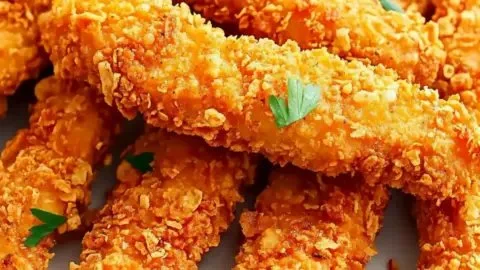 Crispy Dorito Chicken Tenders served with dipping sauce.