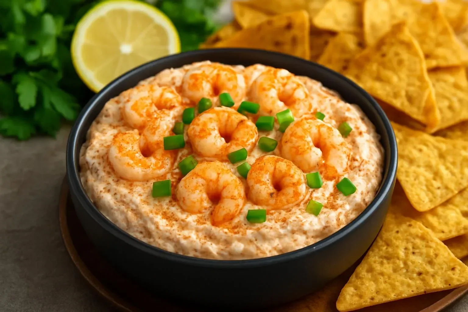 Delicious easy healthy shrimp dip served in a bowl with tortilla chips.