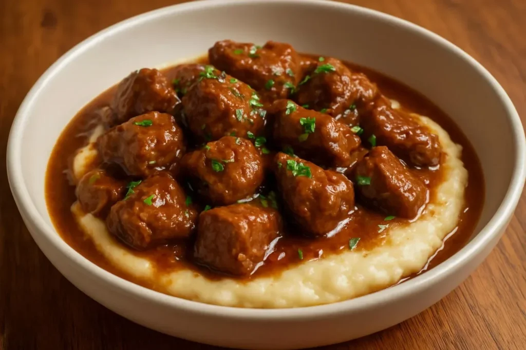 Easy no peek beef tips cooked in a flavorful crockpot meal