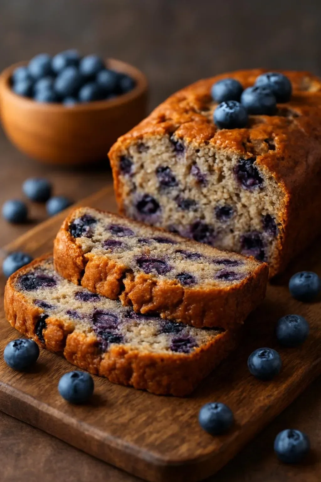 Delicious slice of easy vegan blueberry banana bread on a wooden table