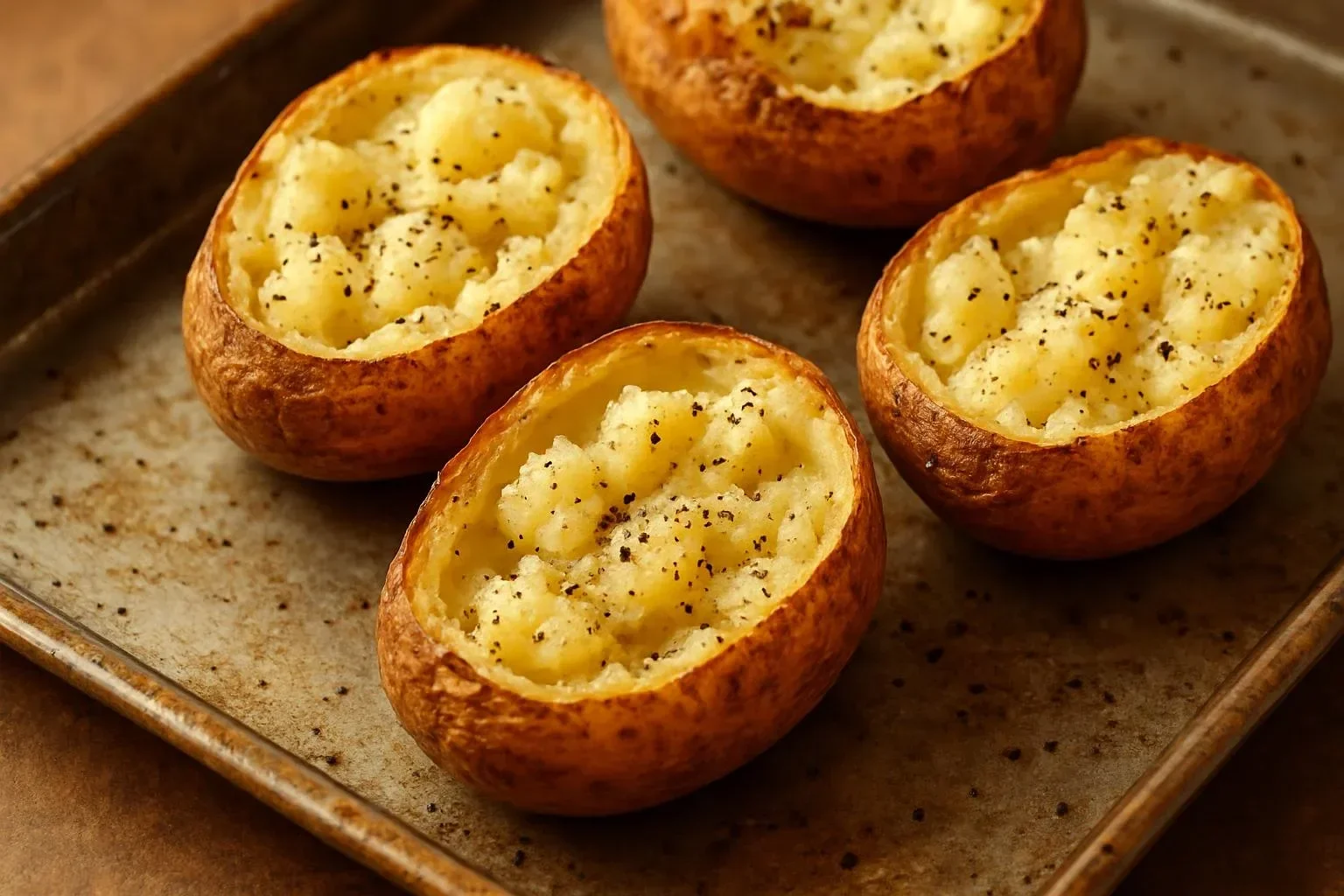 Perfectly cooked English jacket potatoes with a crispy skin and fluffy interior.