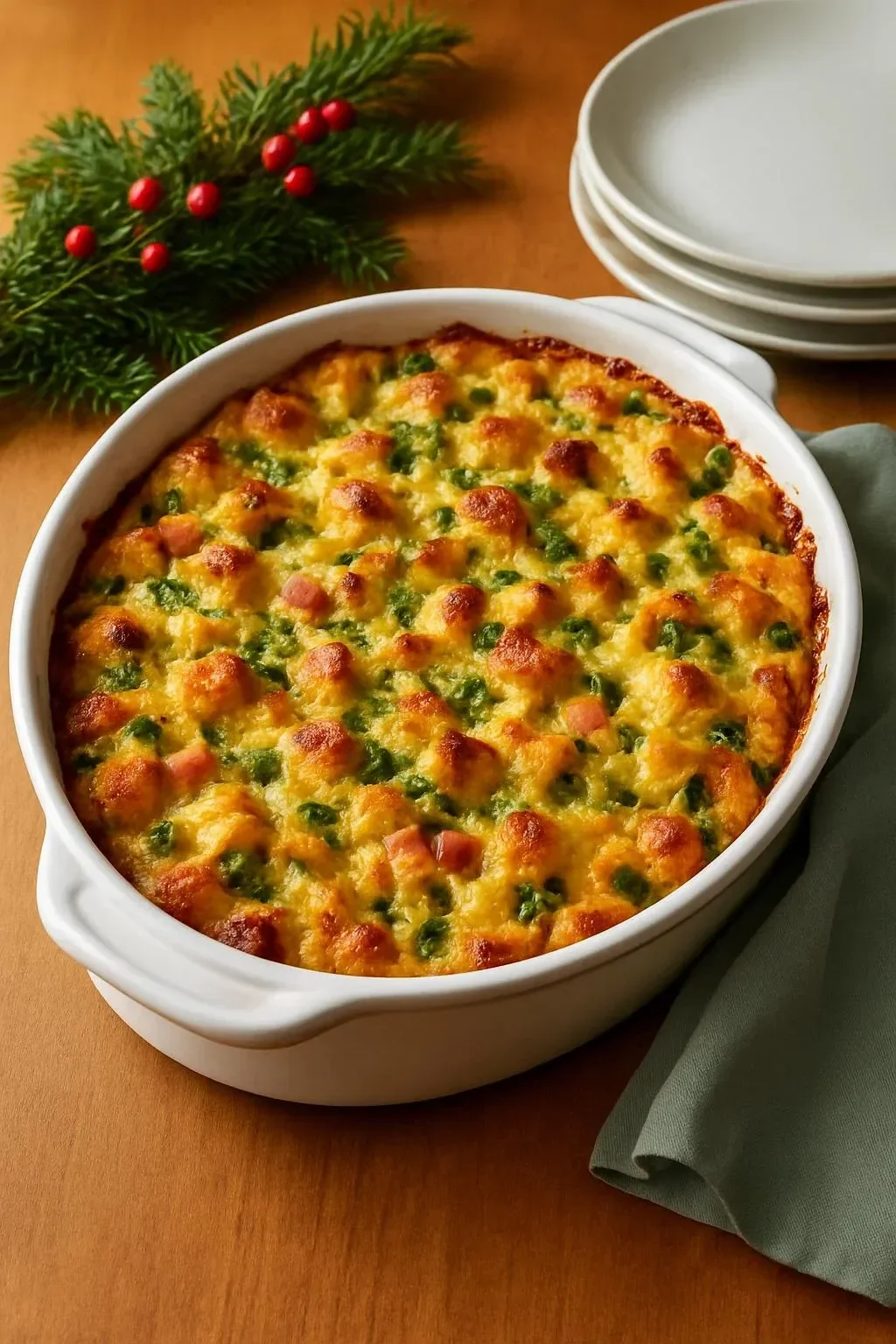 Martha Stewart Christmas Breakfast Casserole baked in a festive dish