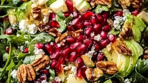 Festive pomegranate Christmas salad topped with honey mustard dressing.