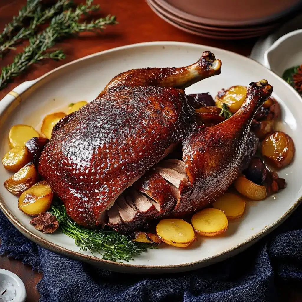 Deliciously presented Five Spice Roasted Duck on a serving platter