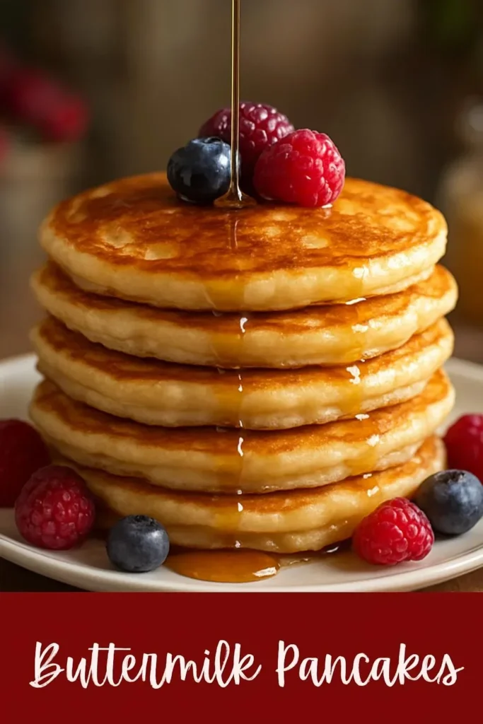 Plate of fluffy buttermilk pancakes topped with syrup and berries