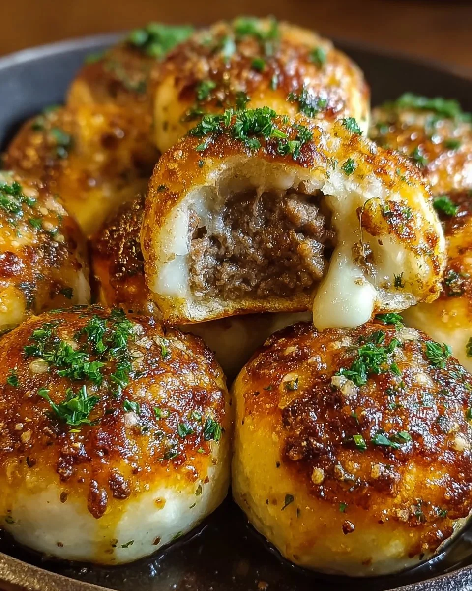 Delicious Garlic Parmesan Cheeseburger Bombs served on a platter