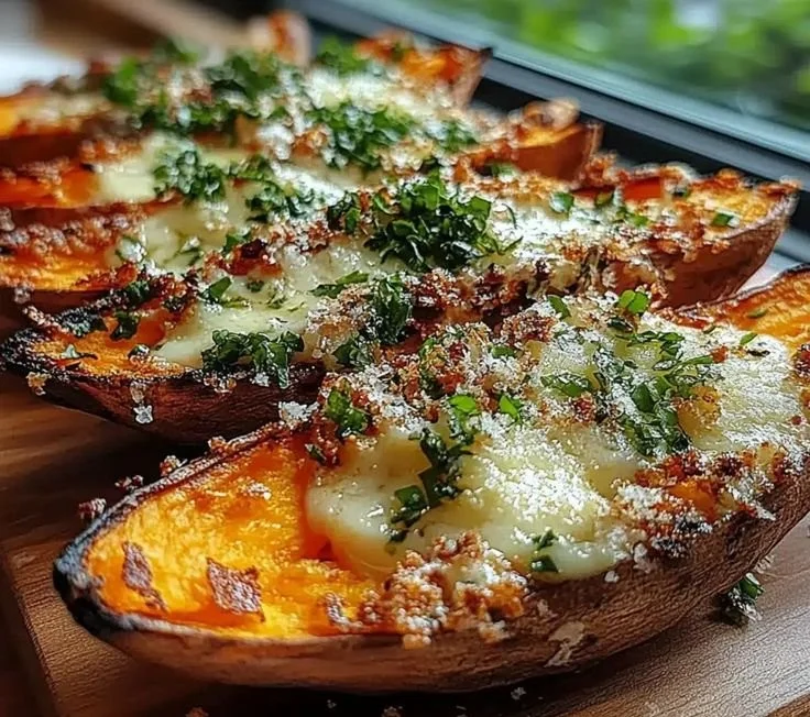 Baked Garlic Parmesan Sweet Potato Wedges on a plate garnished with herbs