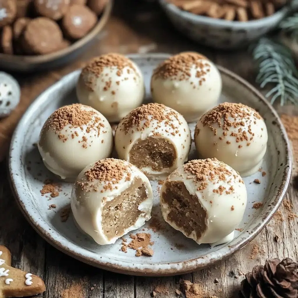 Plate of decadent gingerbread truffles with festive decorations