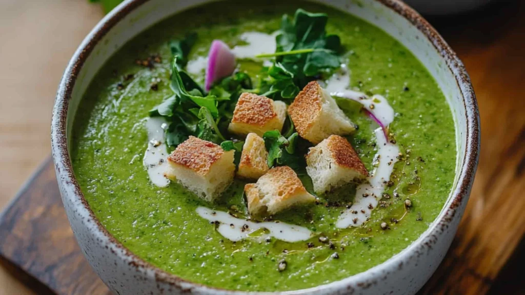 A vibrant bowl of green sheet pan soup filled with fresh vegetables and herbs