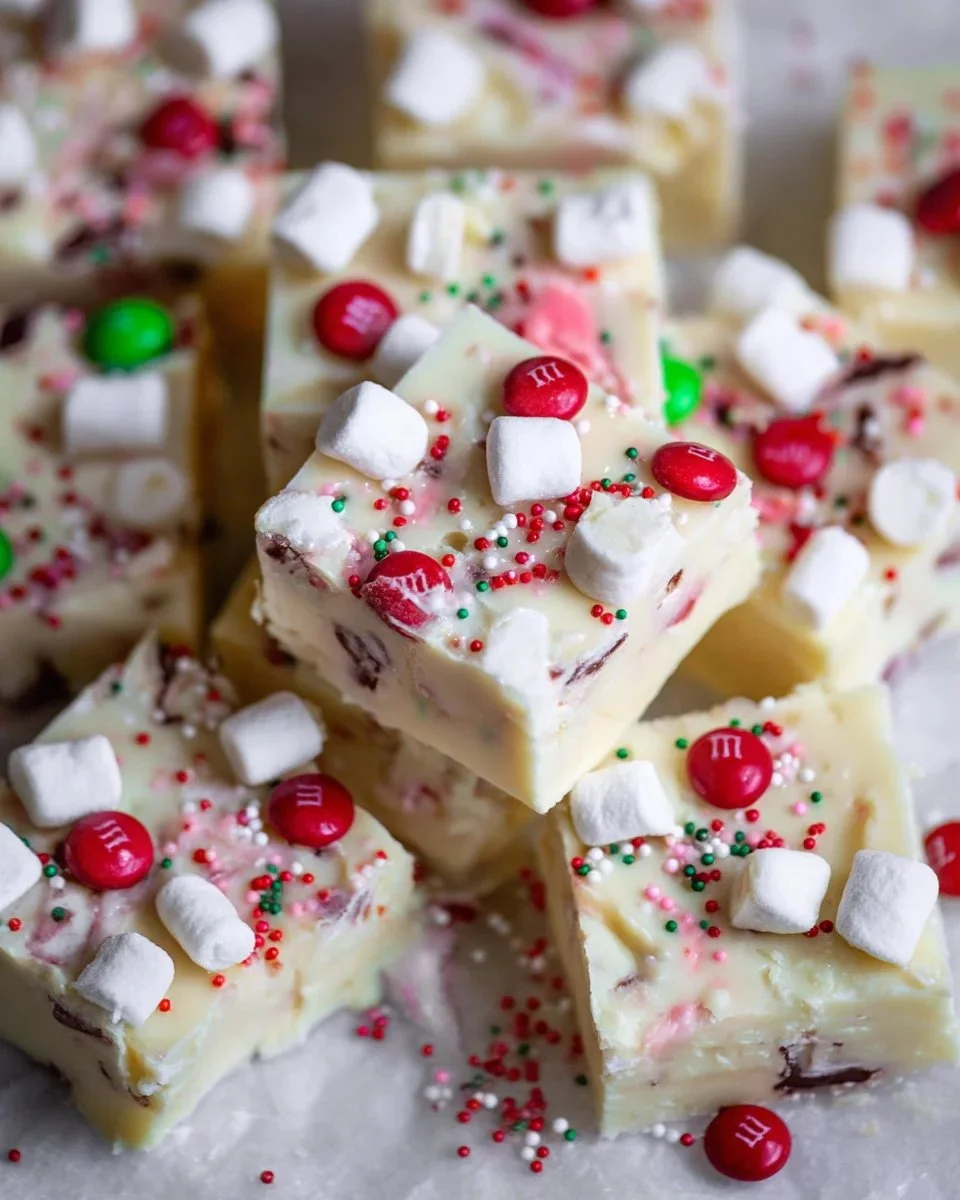 Homemade holiday white chocolate marshmallow fudge in a festive setting