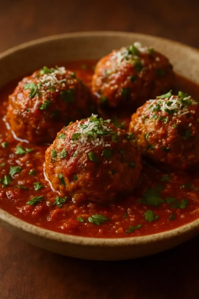 Homemade Italian meatballs cooked in marinara sauce served on a plate