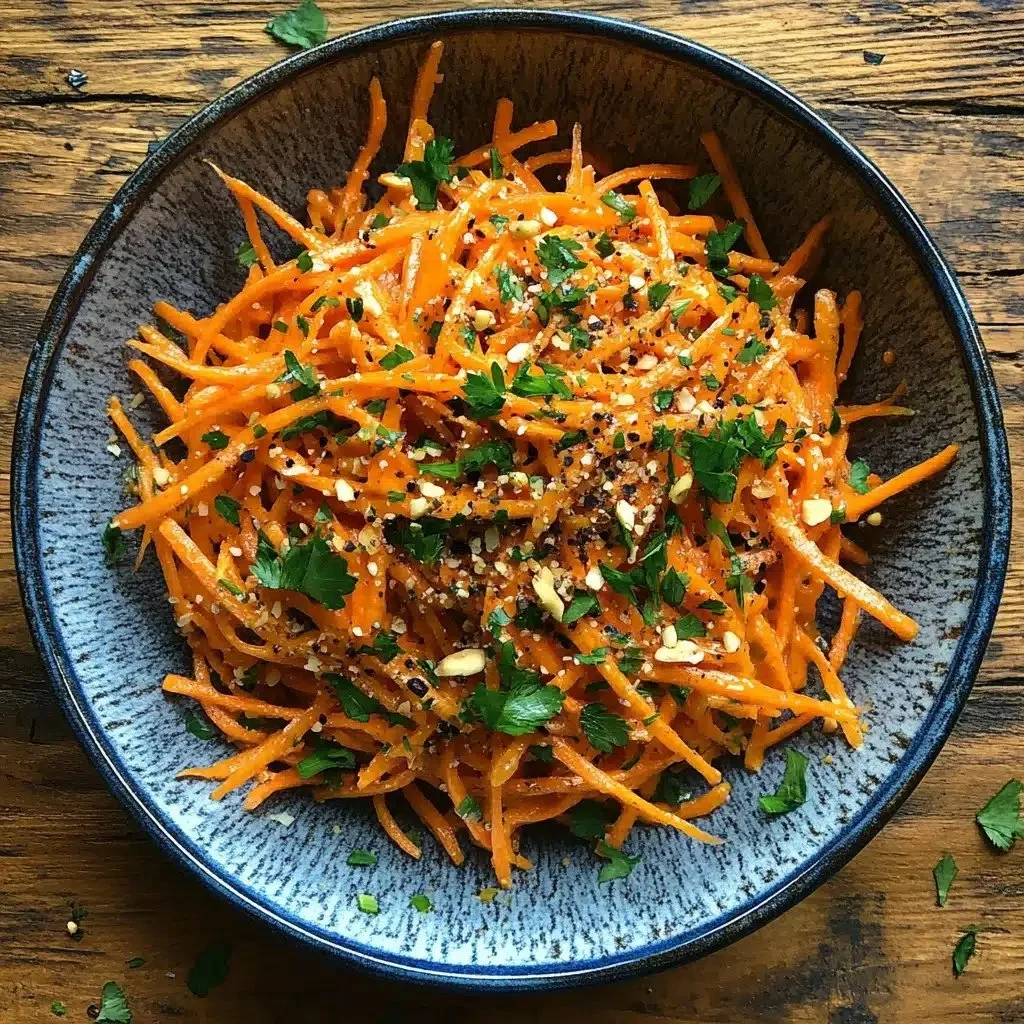 Irresistible carrot salad with honey mustard dressing served in a bowl