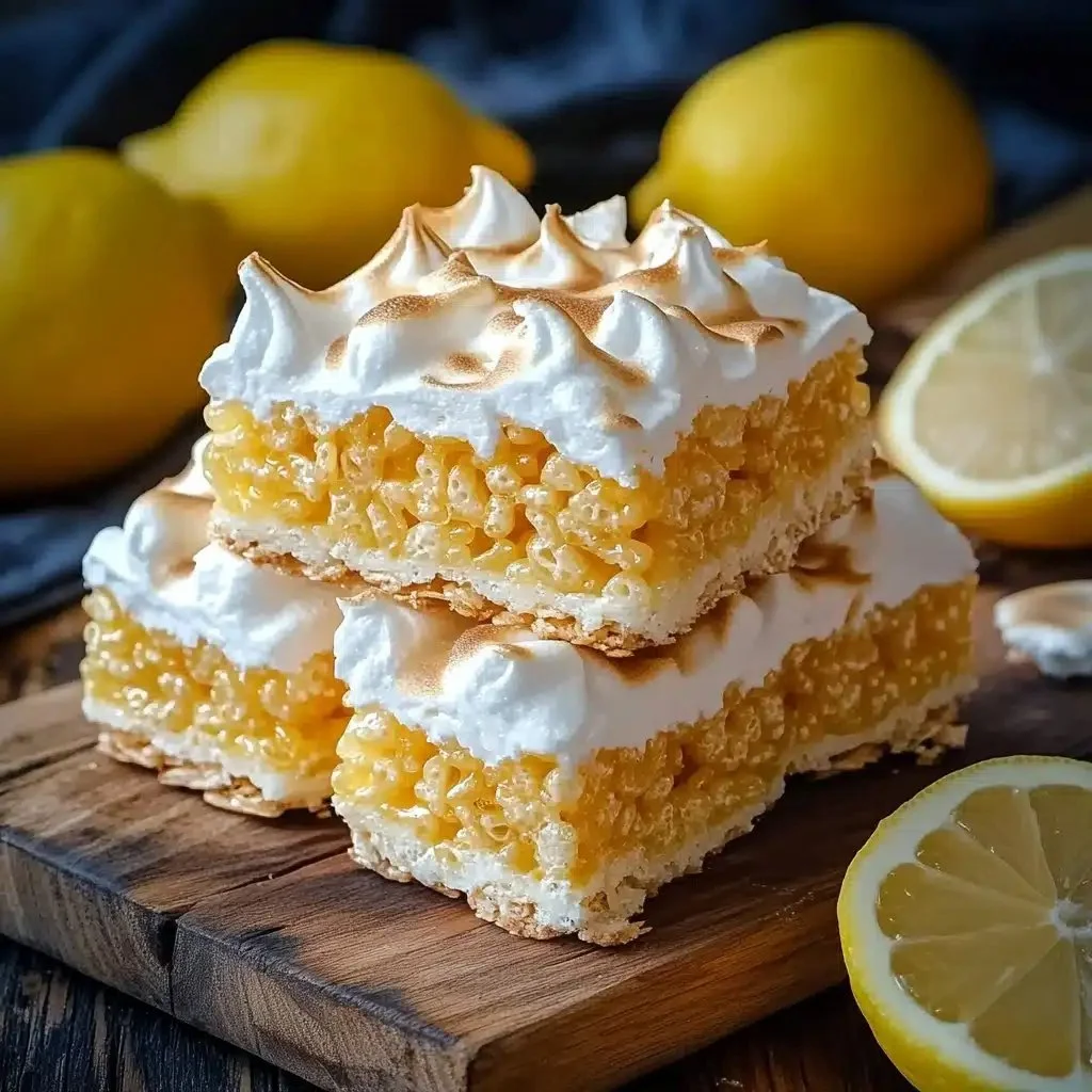 Lemon meringue Rice Krispie treats topped with fluffy meringue