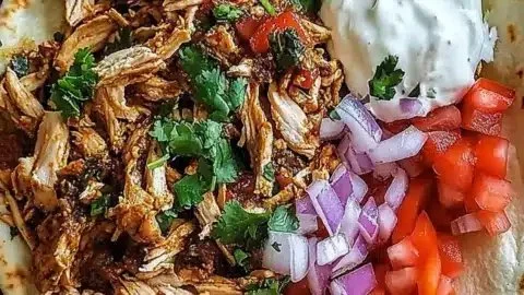 Slow cooker chicken shawarma served on a plate with vegetables and sauce