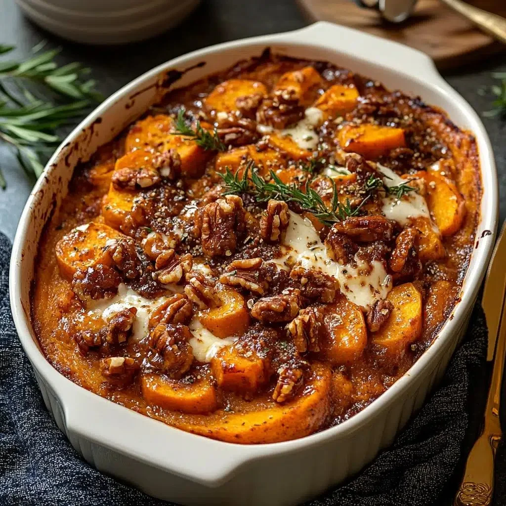 Southern Maple Sweet Potato Casserole topped with crunchy pecans