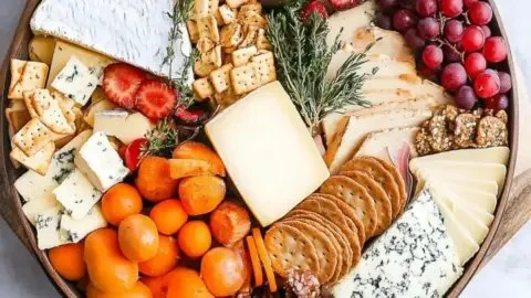Cozy winter cheese board featuring an array of cheeses, fruits, and nuts.
