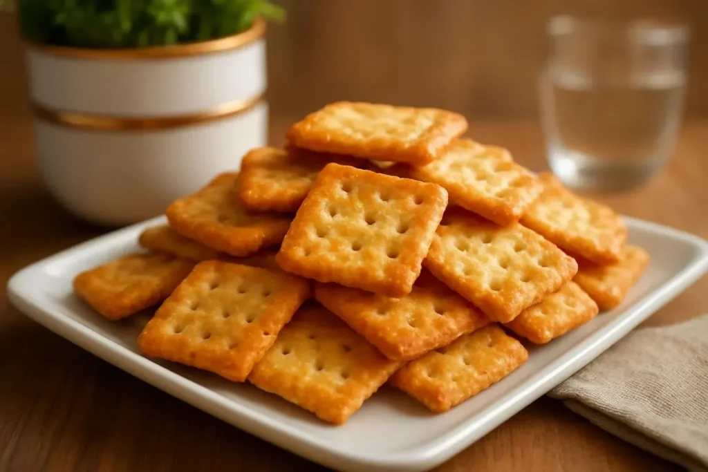 Homemade Southern cheese crackers on a wooden serving platter.
