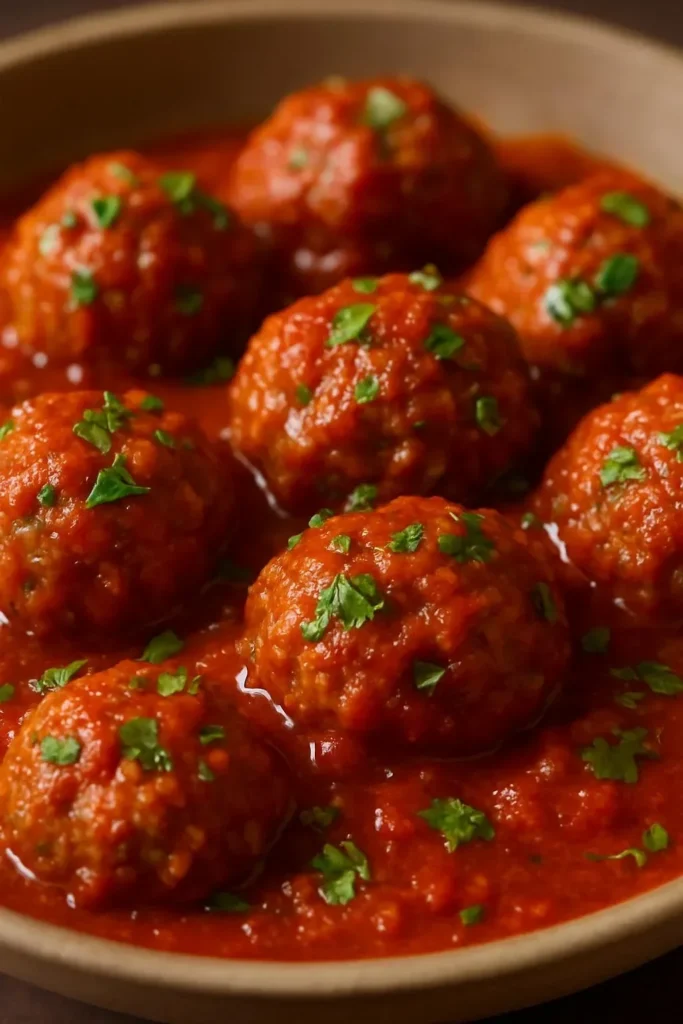 Italian meatballs served in marinara sauce with fresh basil