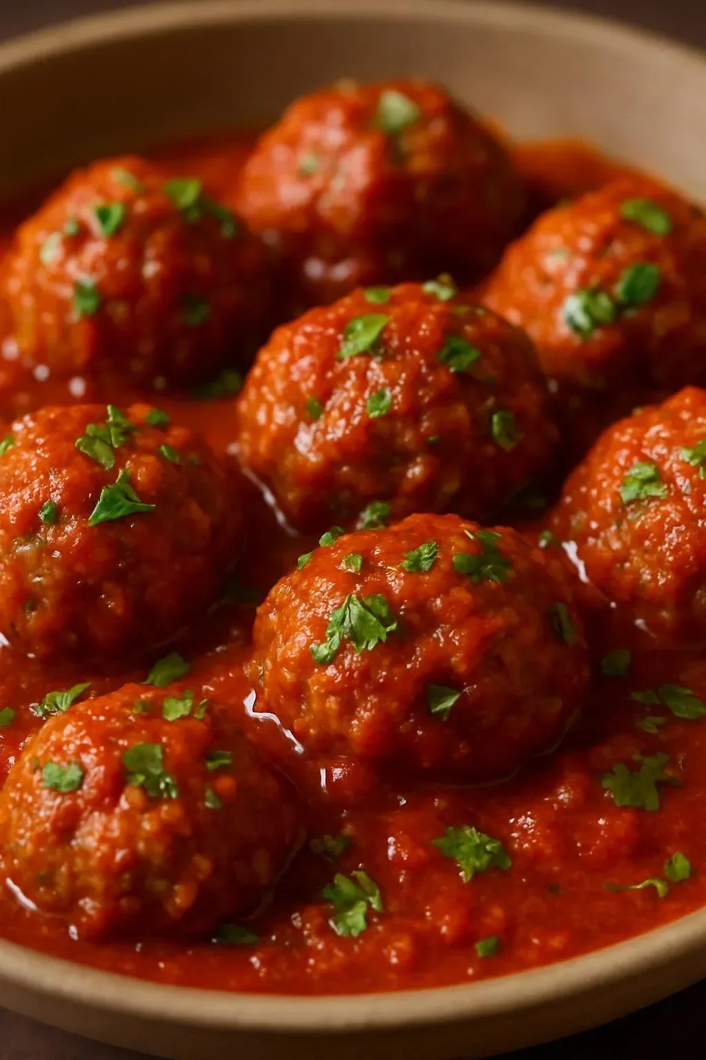 Italian meatballs served in marinara sauce with fresh basil