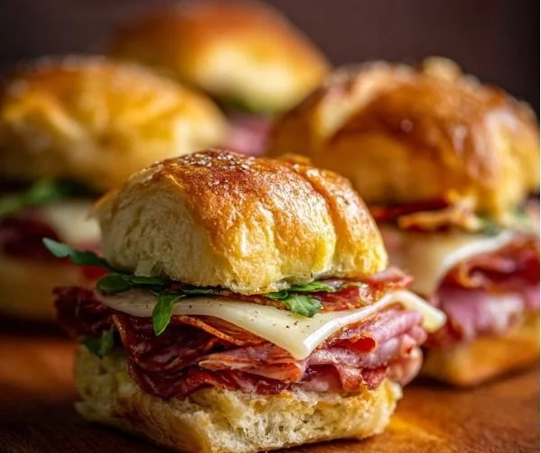 Italian sandwich sliders served on a platter with garnishes.