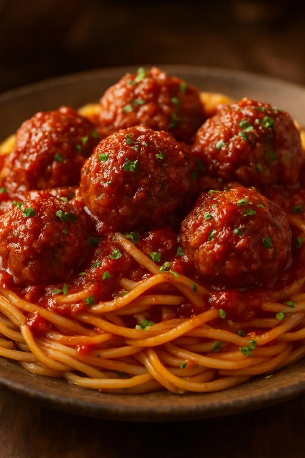 Plate of Italian spaghetti and meatballs with tomato sauce and herbs