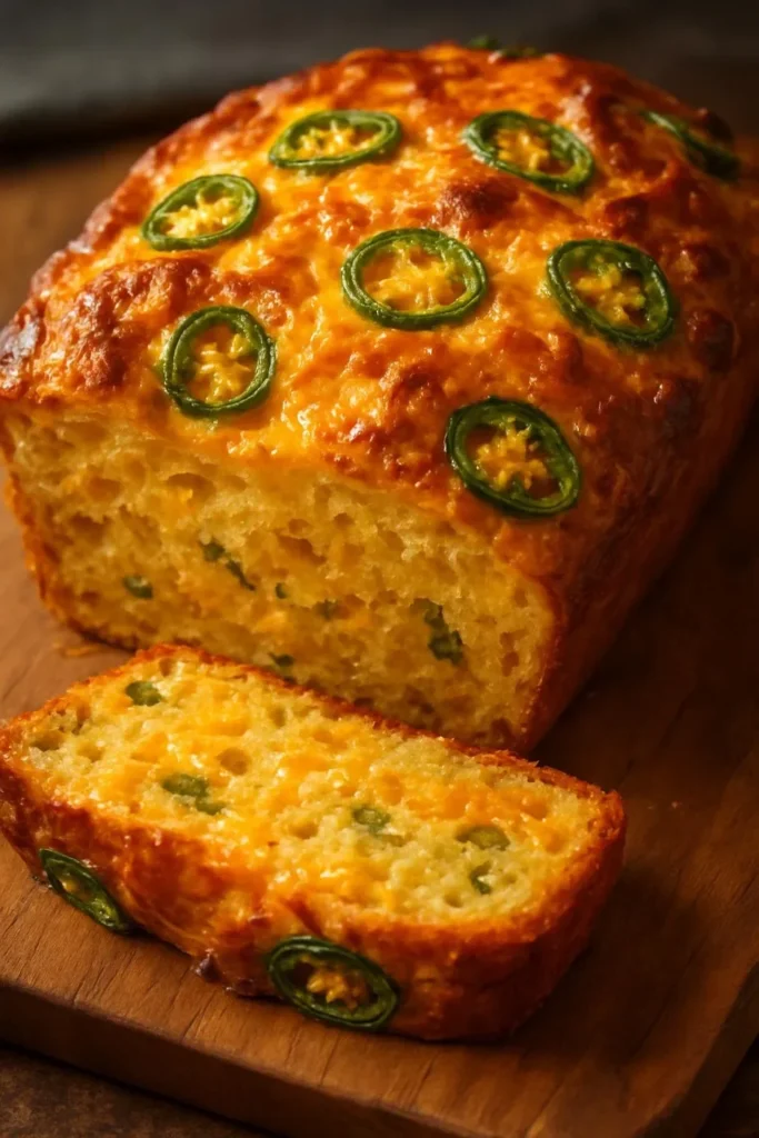 Freshly baked Jalapeño Cheddar Bread with sliced jalapeños and melted cheddar cheese