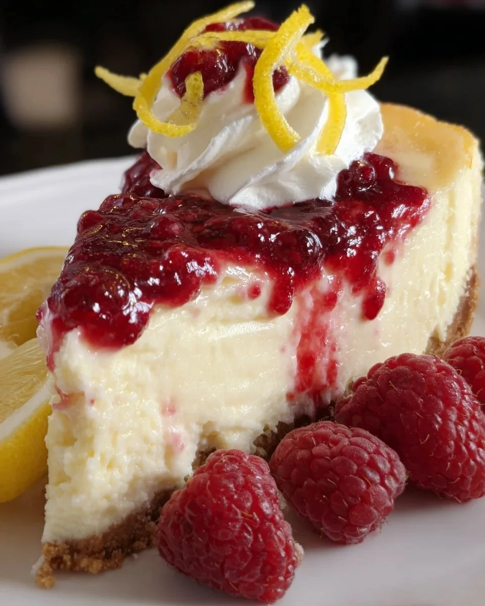 Slice of Lemon Raspberry Cheesecake topped with fresh raspberries and lemon zest.