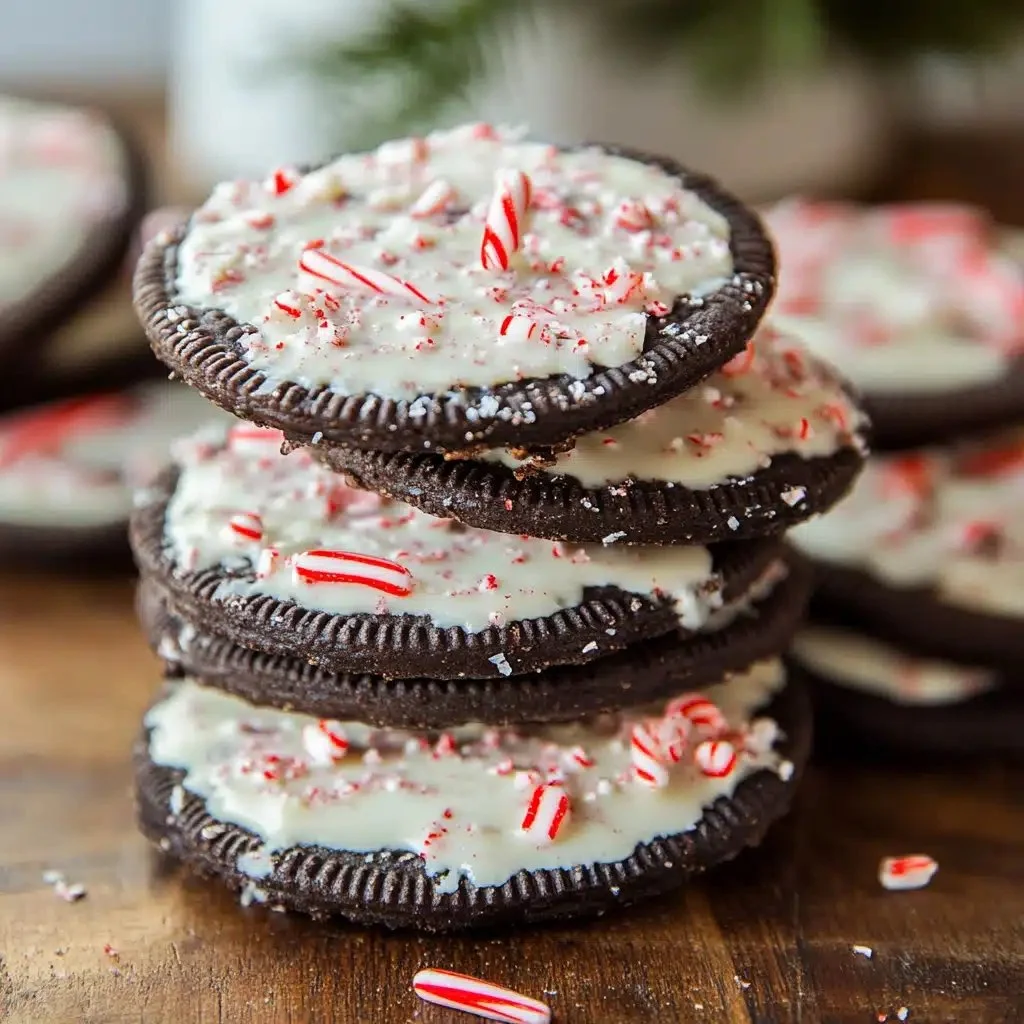 Delicious Peppermint Bark Oreos decorated for Christmas treat