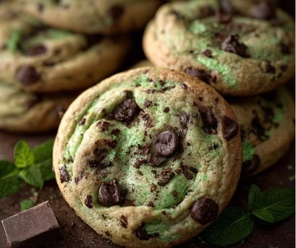 Freshly baked mint chocolate chip cookies on a cooling rack