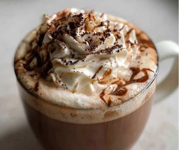 Delicious Mocha Latte topped with whipped cream and chocolate drizzle