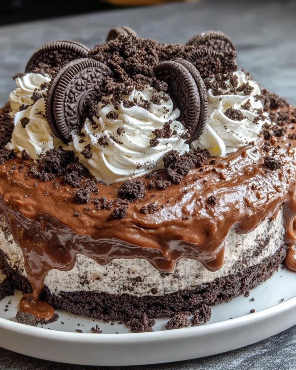 Delicious Mocha Oreo Dirt Cake topped with crushed Oreos and chocolate.