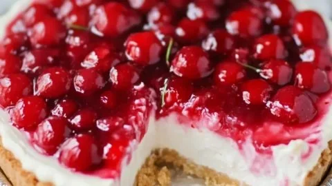 No-bake old-fashioned cherry cheesecake topped with cherries and cream