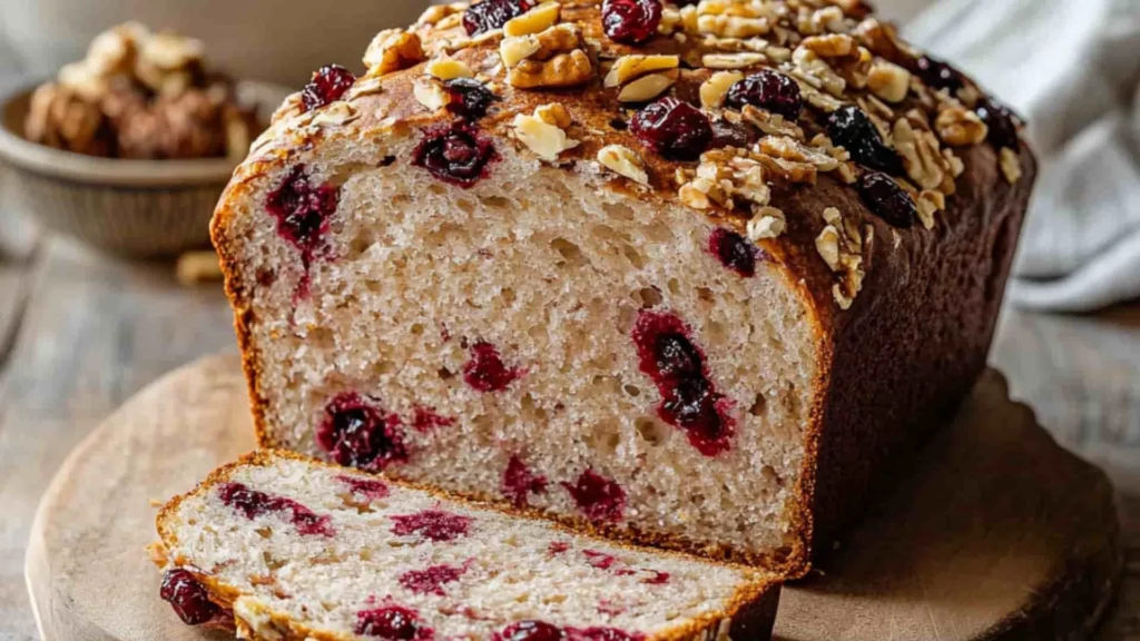 Loaf of freshly baked no-knead cranberry walnut bread with walnuts and cranberries