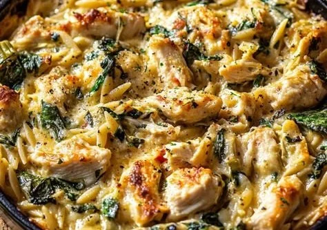 One-Skillet Spinach Artichoke Chicken Orzo Bake in a skillet