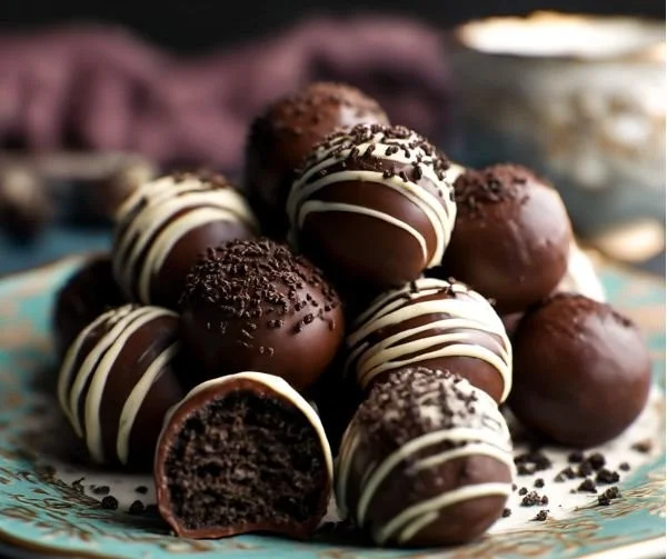 Delicious Oreo truffles on a plate, drizzled with chocolate.