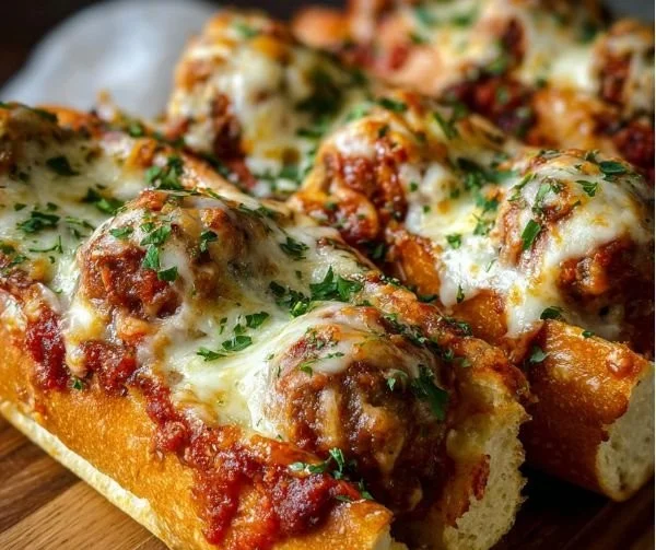 Delicious oven baked meatball sandwiches with melted cheese and herbs