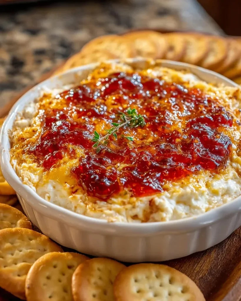 Pepper Jelly Cheese Dip served in a bowl with crackers and veggies for dipping