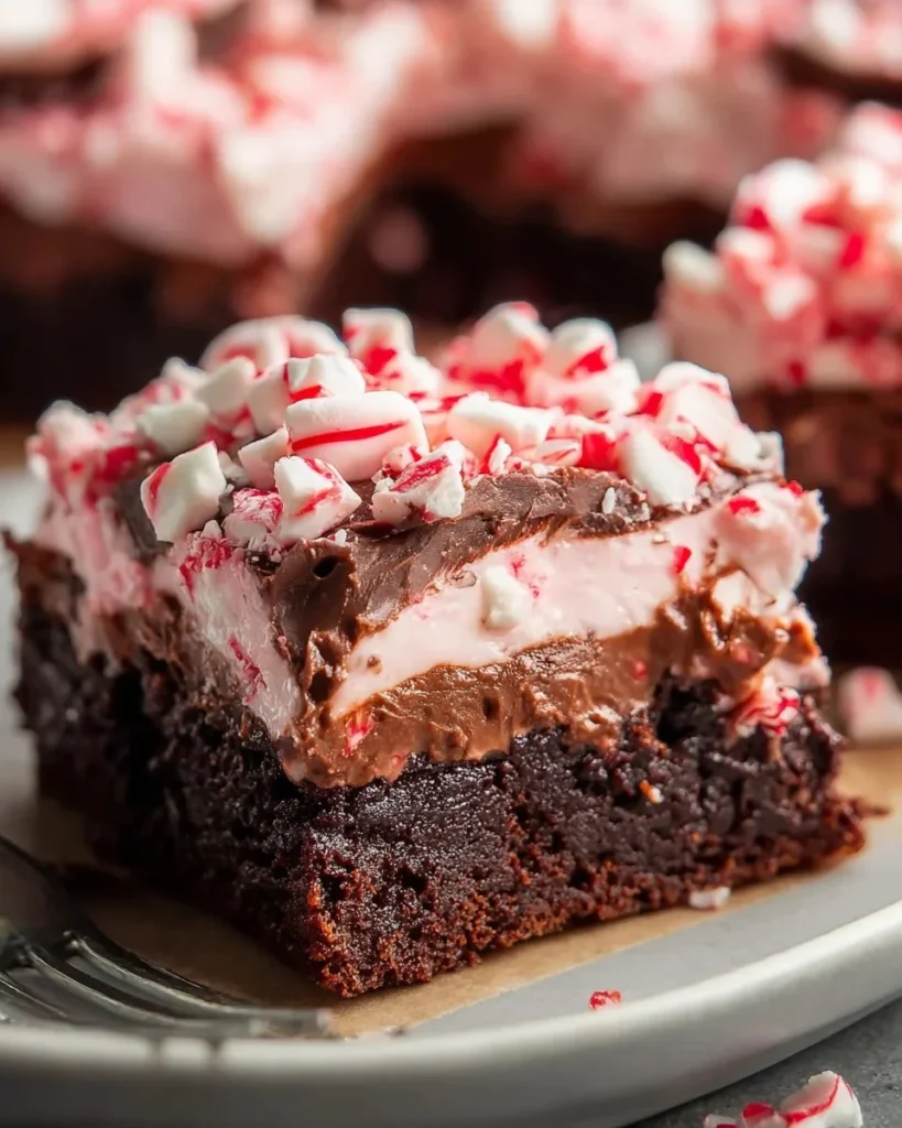 Delicious peppermint brownies topped with chocolate and crushed mint candy.