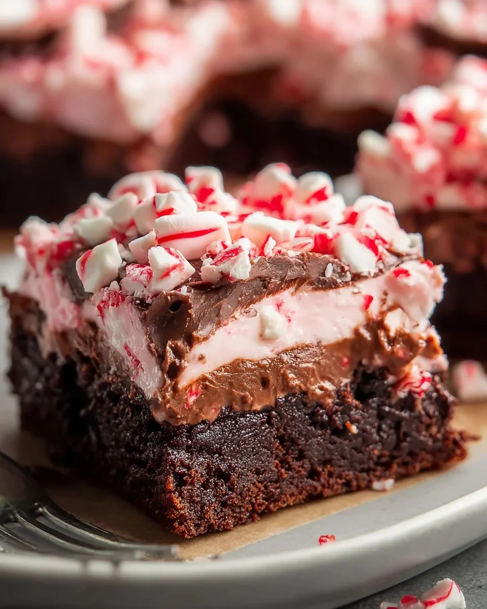 Delicious peppermint brownies topped with chocolate and crushed mint candy.