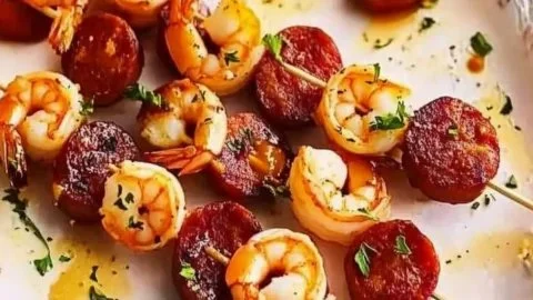 Delicious prawn and chorizo skewers ready for serving at a party.