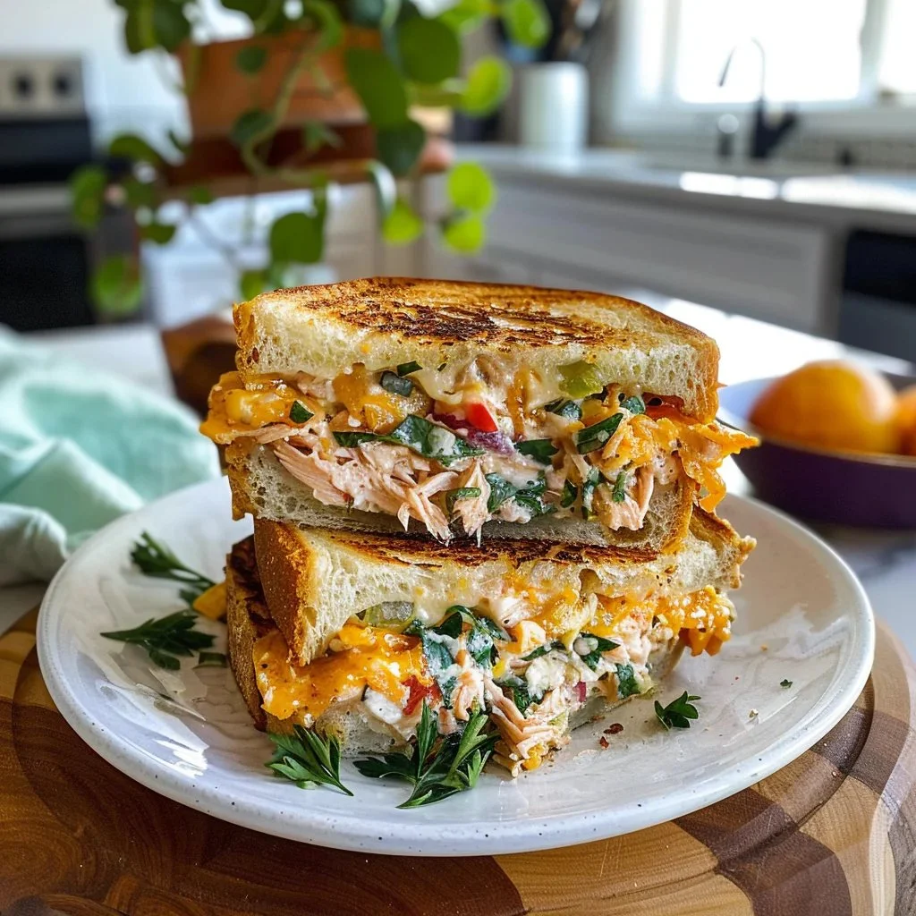 A delicious tuna melt sandwich with melted cheese and crispy bread