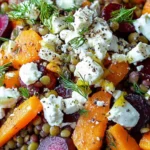Roasted beet and carrot lentil salad topped with feta cheese and yogurt