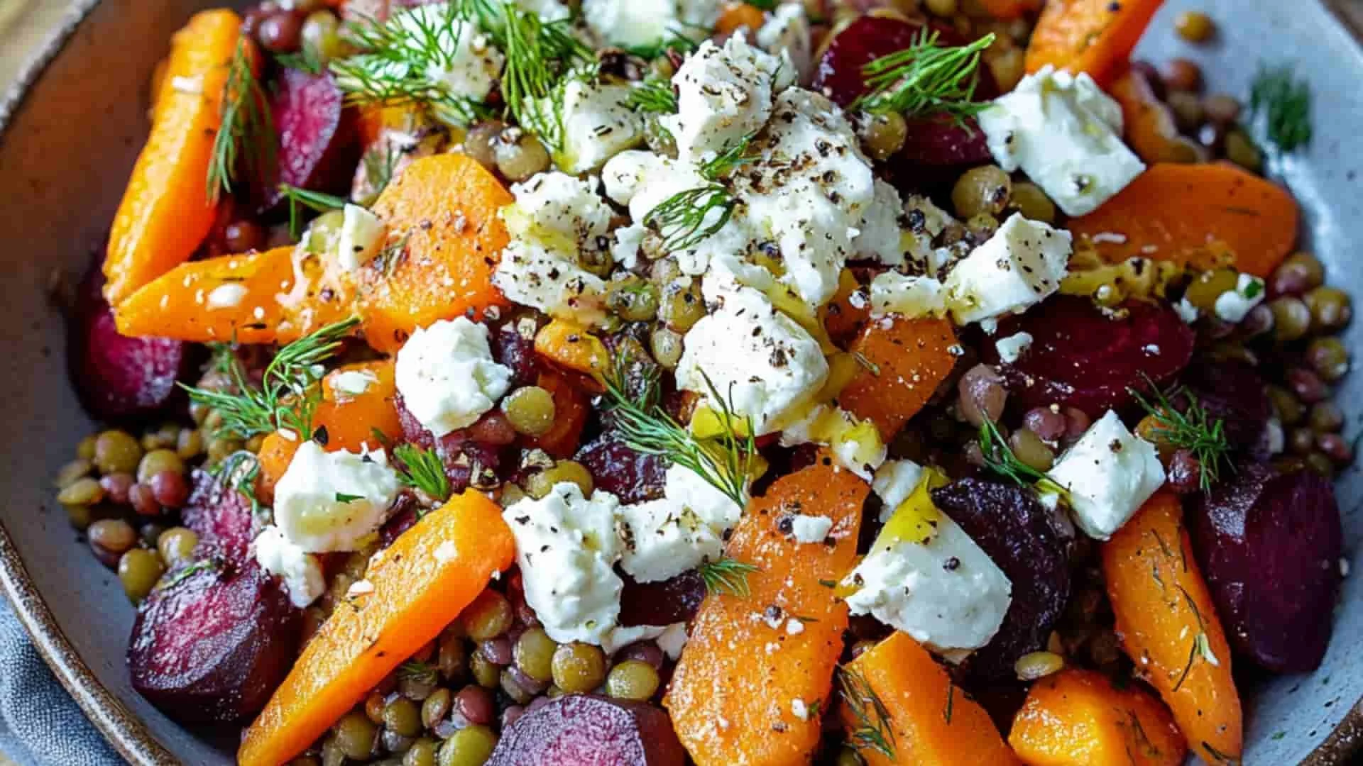 Roasted beet and carrot lentil salad topped with feta cheese and yogurt