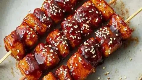 Korean rice cake and sausage skewers served on a plate.