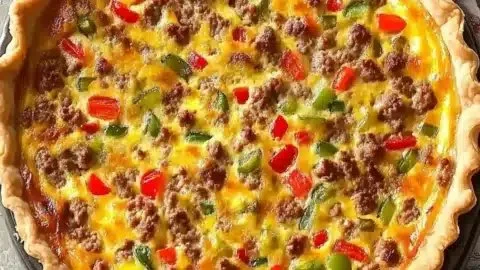 Sausage quiche with peppers and onions served on a plate