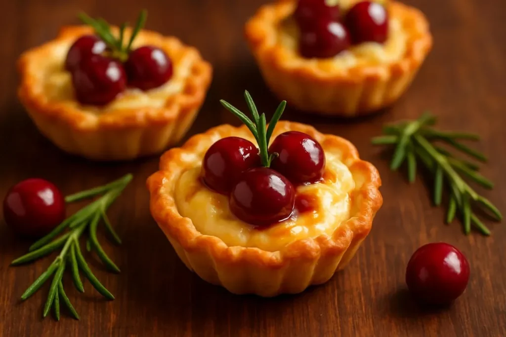 Savory chicken cranberry brie tartlets on a wooden table, ready to serve.