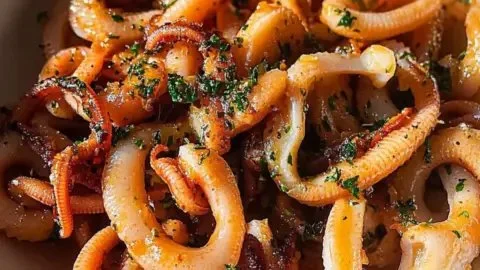 Delicious garlic butter squid served in a plate, garnished with parsley.