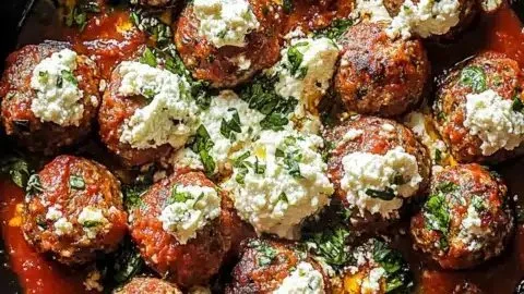 Savory skillet ricotta meatballs served with sauce and herbs