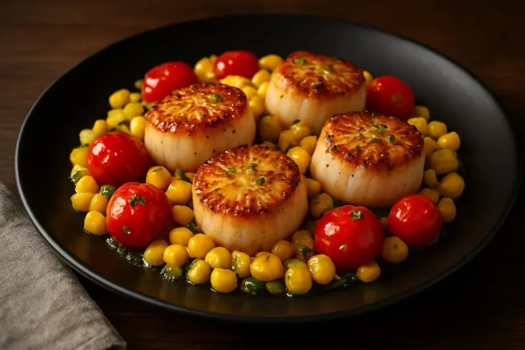 Scallops with corn and tomatoes - a fresh seafood dish