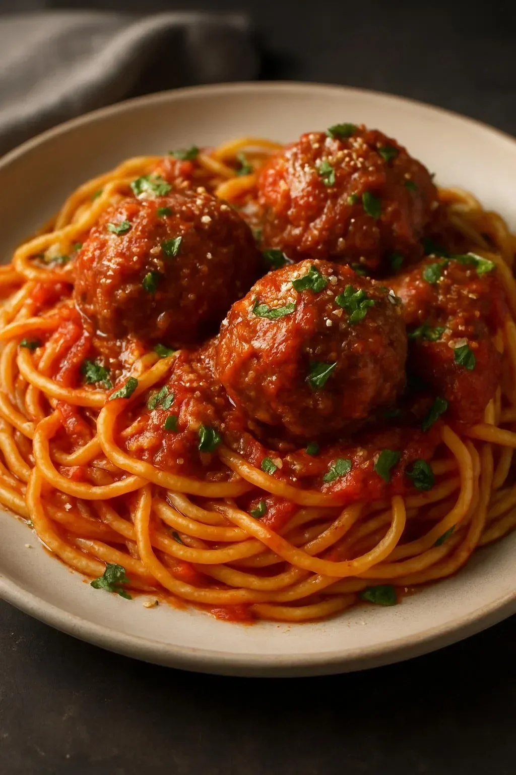 Delicious plate of spaghetti and meatballs topped with fresh herbs and cheese.